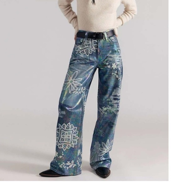 Free People We The Free Tinsley Printed High Rise Illusion Jeans Straight 28 NWT - Picture 1 of 6